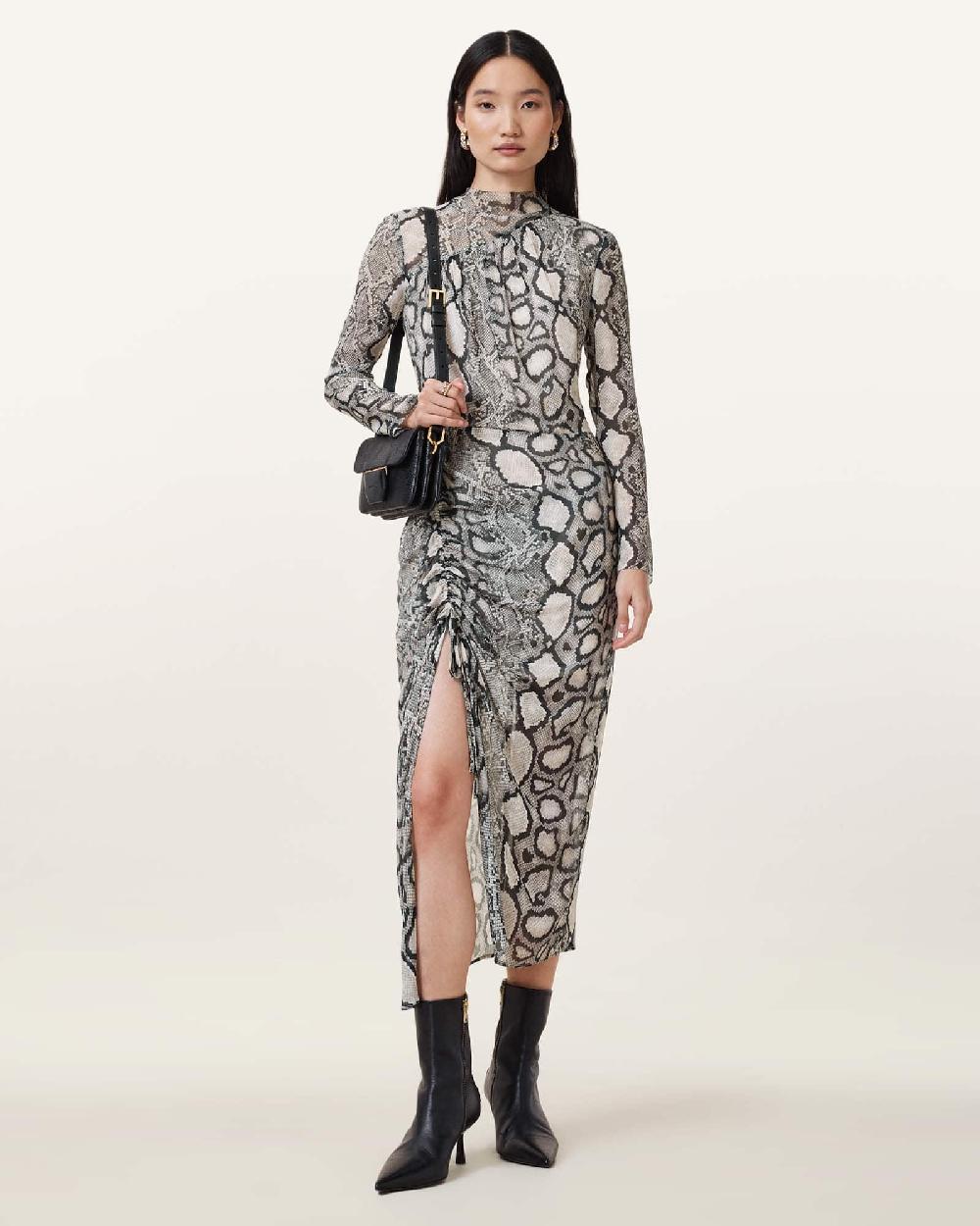 All Saints Rizo Snake Print Silk Blend Midi Dress Flow Ecru White