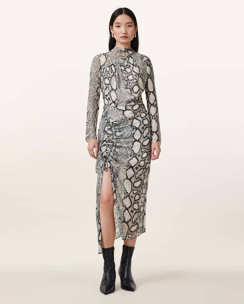 all saints Rizo Snake Print Silk Blend Midi Dress Flow Ecru White