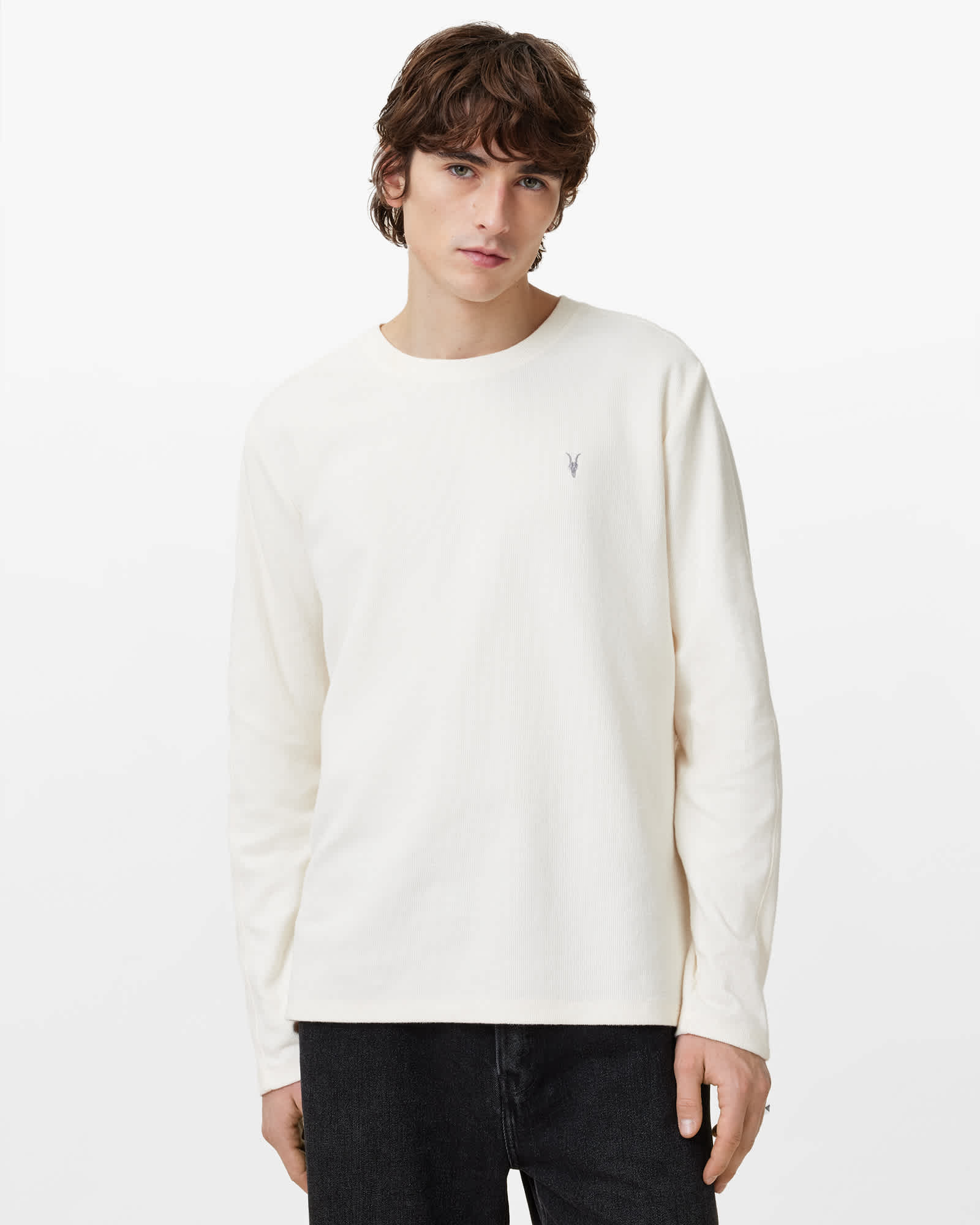 All Saints Rowe Long Sleeve Waffle Ramskull T-Shirt Chalk White