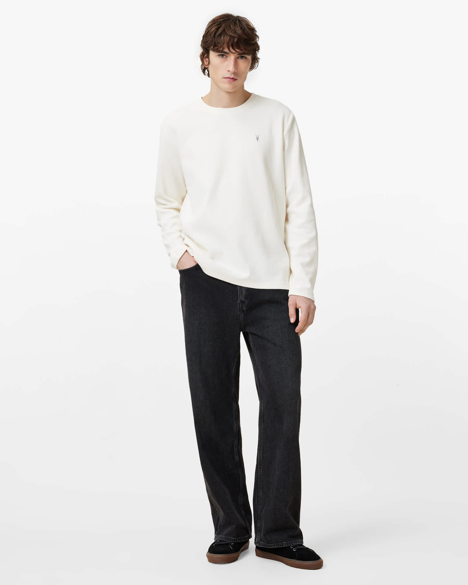 All Saints Rowe Long Sleeve Waffle Ramskull T-Shirt Chalk White