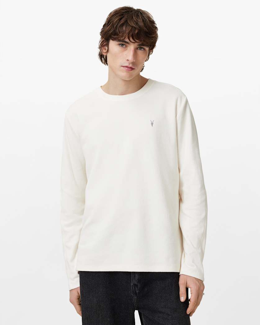 all saints Rowe Long Sleeve Waffle Ramskull T-Shirt Chalk White