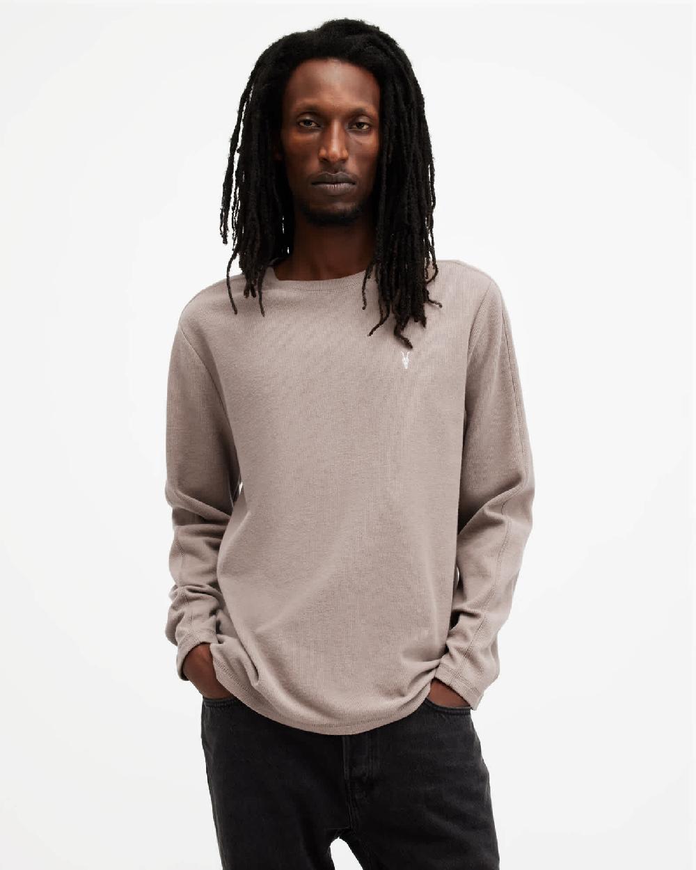 All Saints Rowe Long Sleeve Waffle Ramskull T-Shirt Tuscan Brown