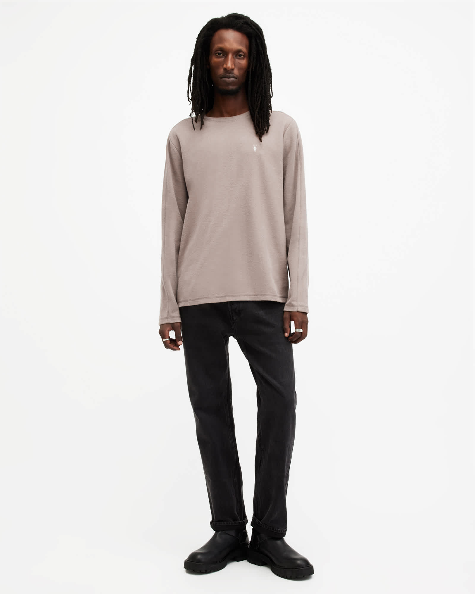 All Saints Rowe Long Sleeve Waffle Ramskull T-Shirt Tuscan Brown