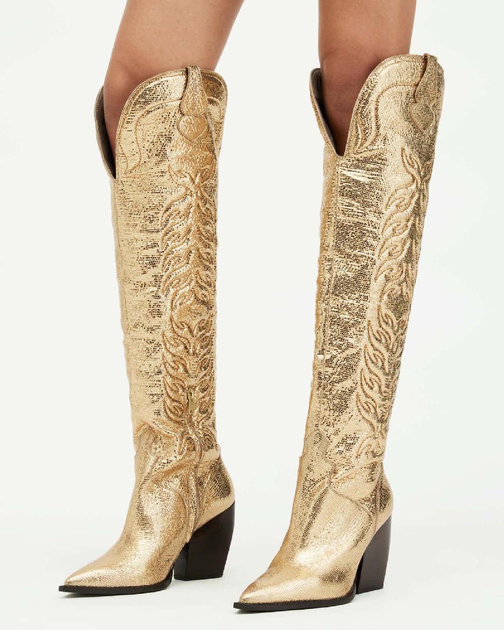 All Saints Roxanne Knee High Metallic Leather Boots Metallic Gold