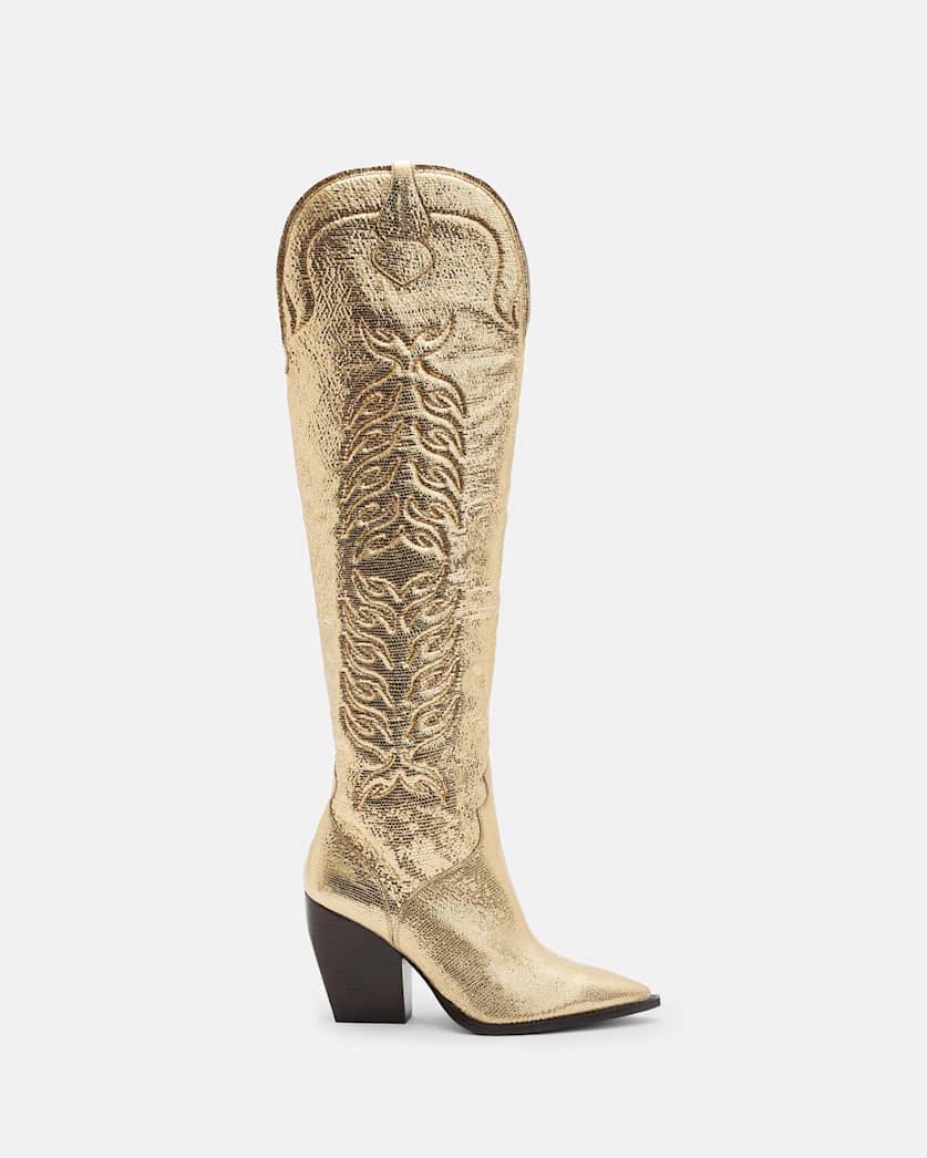 all saints Roxanne Knee High Metallic Leather Boots Metallic Gold