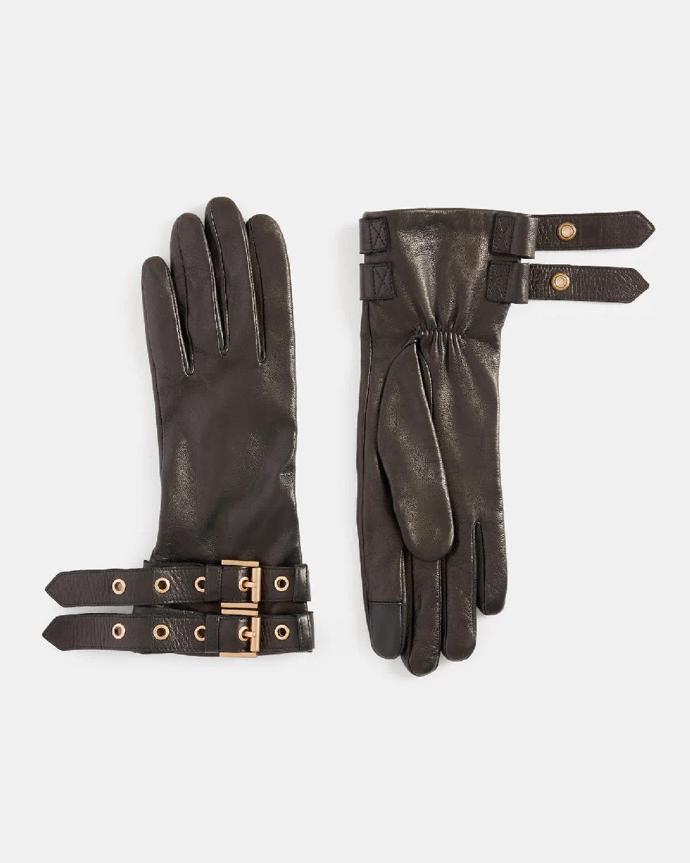 All Saints Roxy Leather Buckle Gloves BLACK/WARM BRASS