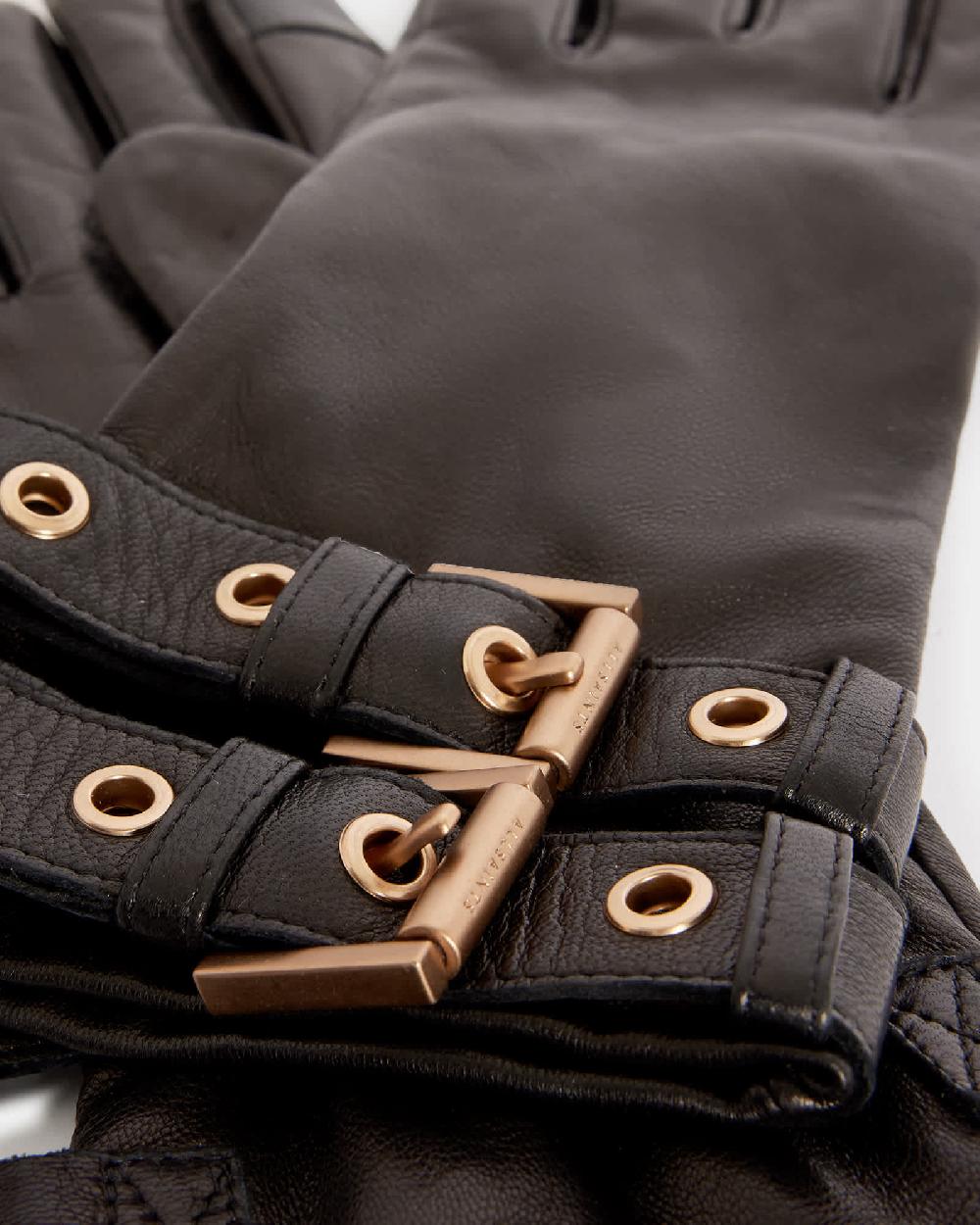 All Saints Roxy Leather Buckle Gloves BLACK/WARM BRASS