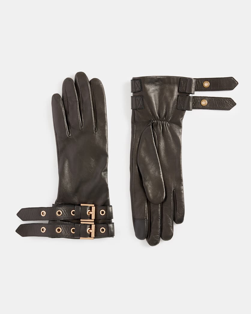 all saints Roxy Leather Buckle Gloves BLACK/WARM BRASS