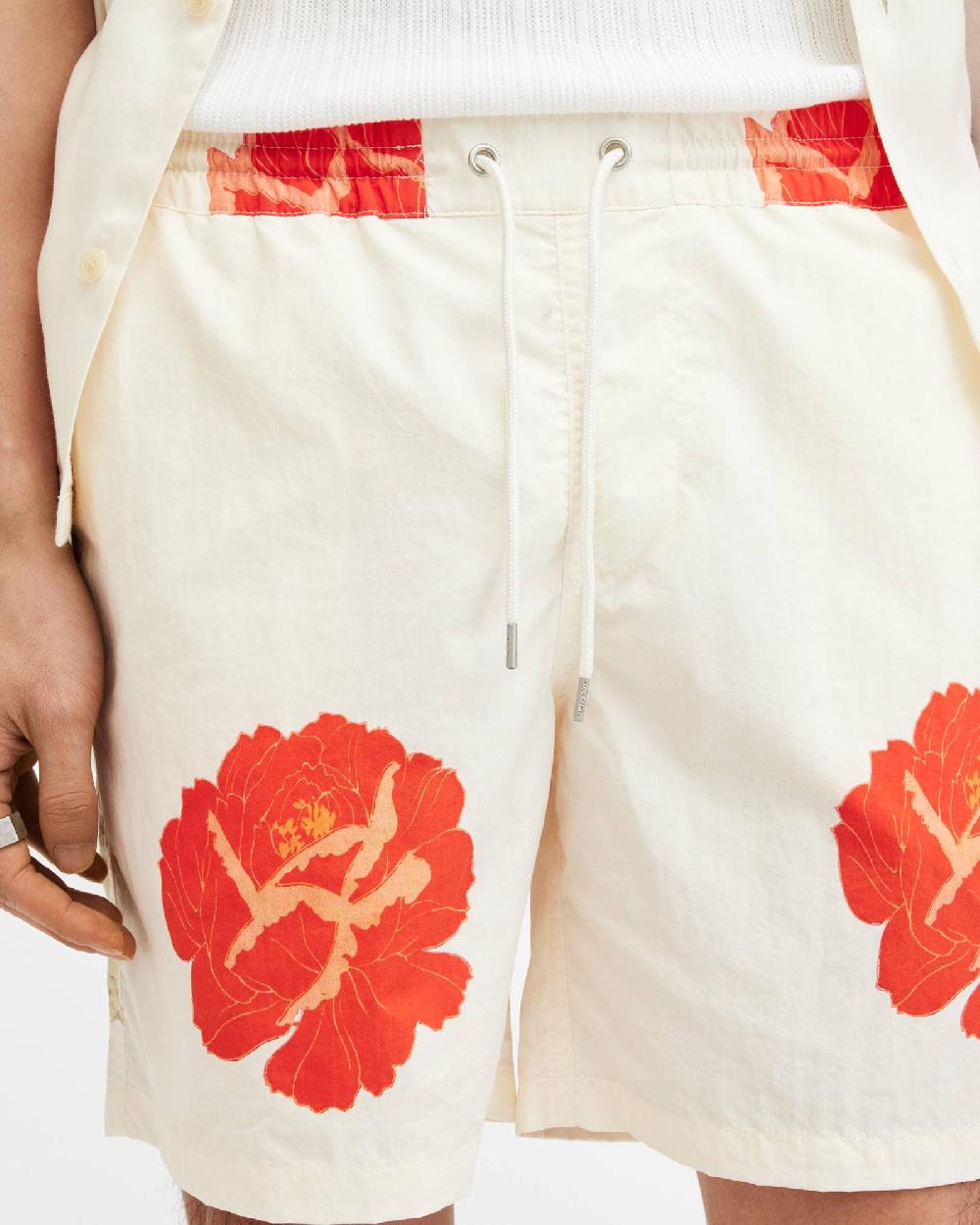 All Saints Roze Slim Floral Print Swim Shorts Ecru White