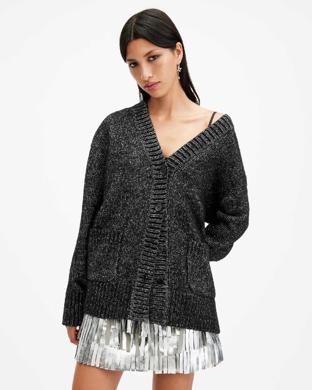 All Saints Sabrina Metallic Relaxed Fit Cardigan Black