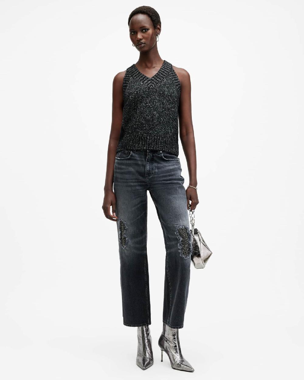 All Saints Sabrina Metallic Relaxed Fit Tank Top Black