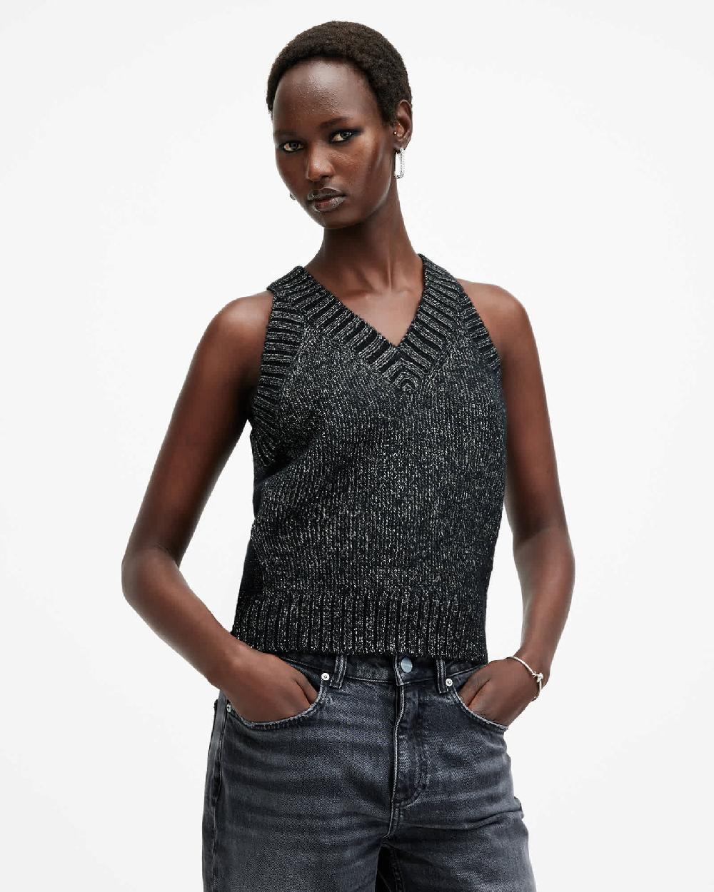 All Saints Sabrina Metallic Relaxed Fit Tank Top Black