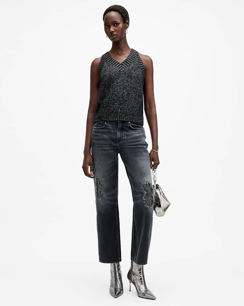 all saints Sabrina Metallic Relaxed Fit Tank Top Black