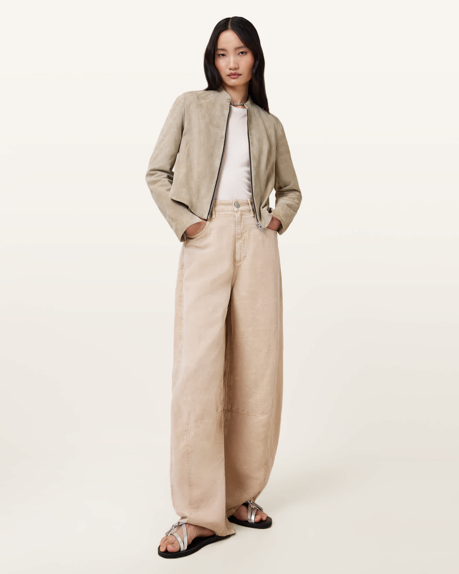 All Saints Sadler Slim Fit Suede Jacket Silver Birch Grey