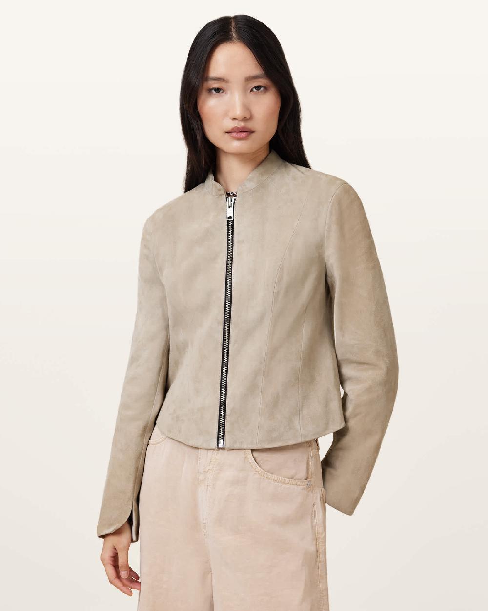 All Saints Sadler Slim Fit Suede Jacket Silver Birch Grey