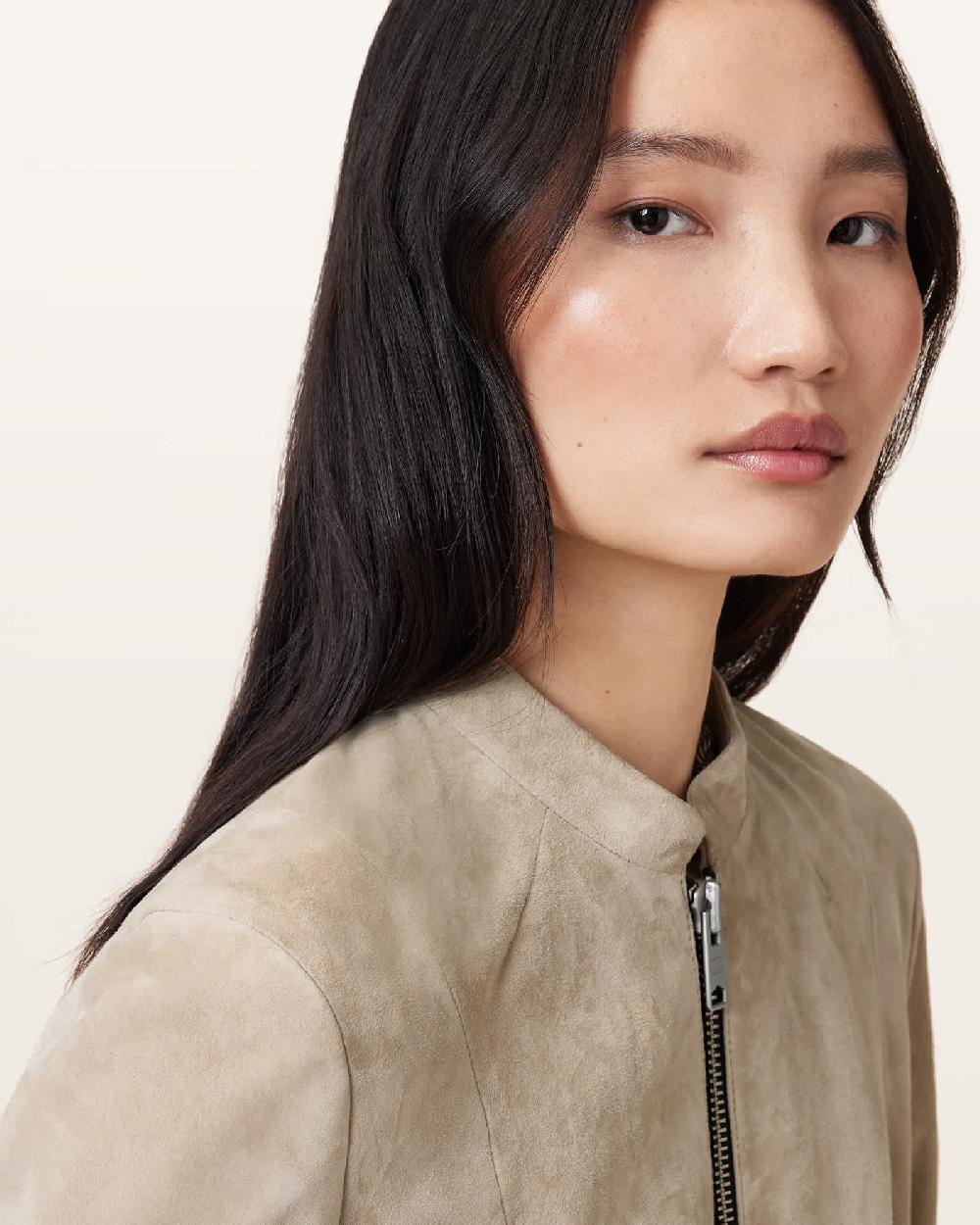 All Saints Sadler Slim Fit Suede Jacket Silver Birch Grey