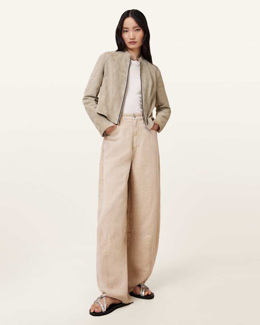 all saints Sadler Slim Fit Suede Jacket Silver Birch Grey