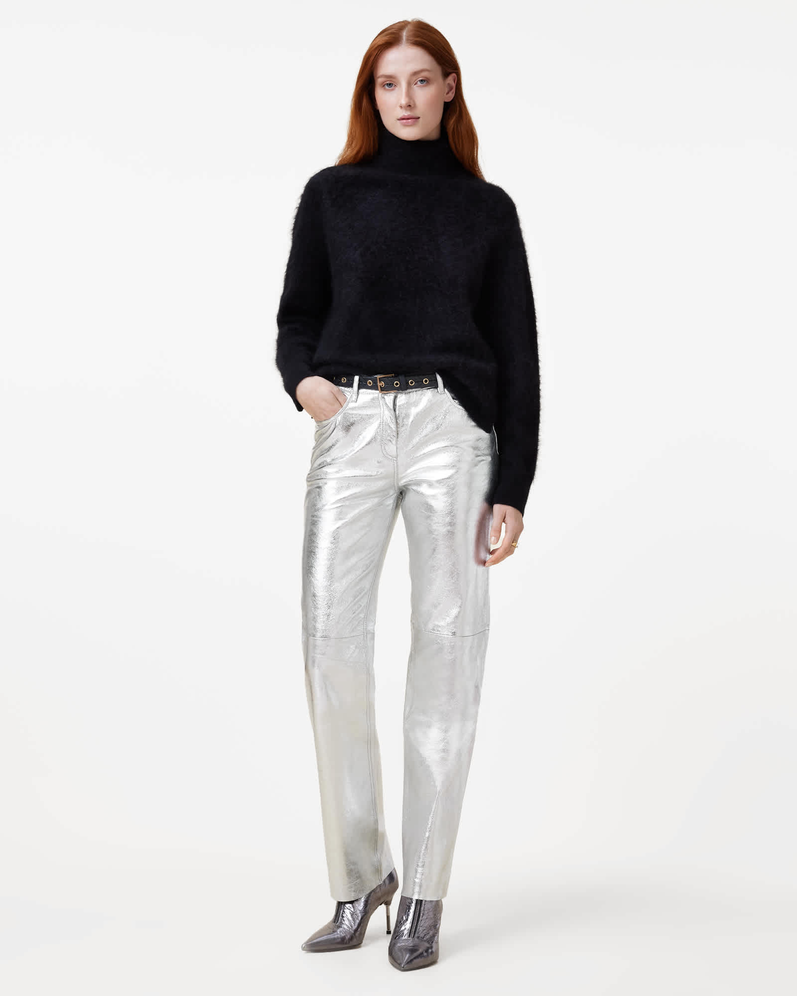 All Saints Saige Straight Fit Foiled Leather Pants Silver