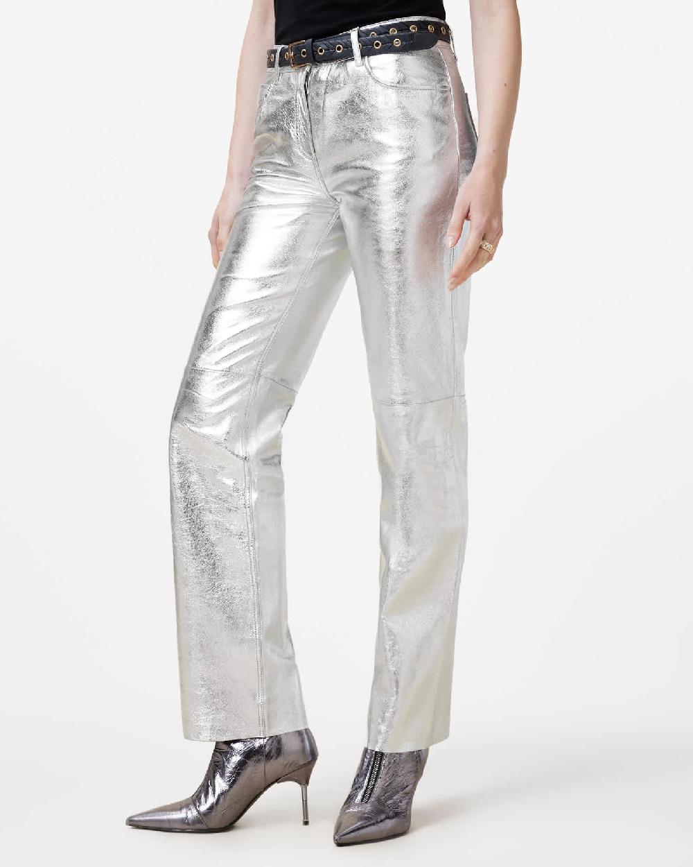 All Saints Saige Straight Fit Foiled Leather Pants Silver