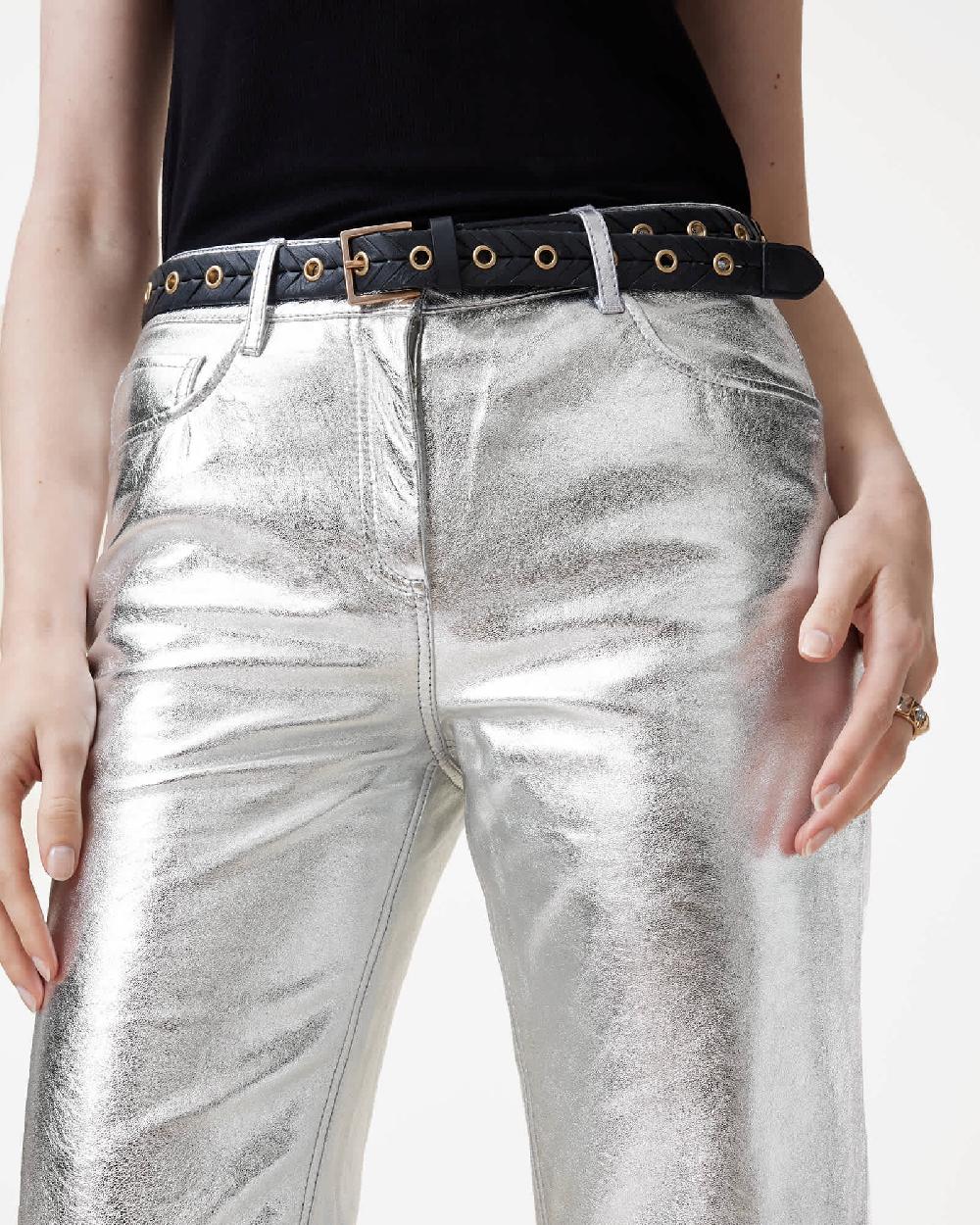 All Saints Saige Straight Fit Foiled Leather Pants Silver