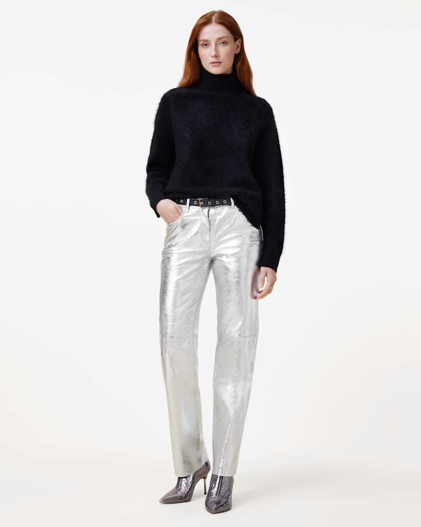 all saints Saige Straight Fit Foiled Leather Pants Silver