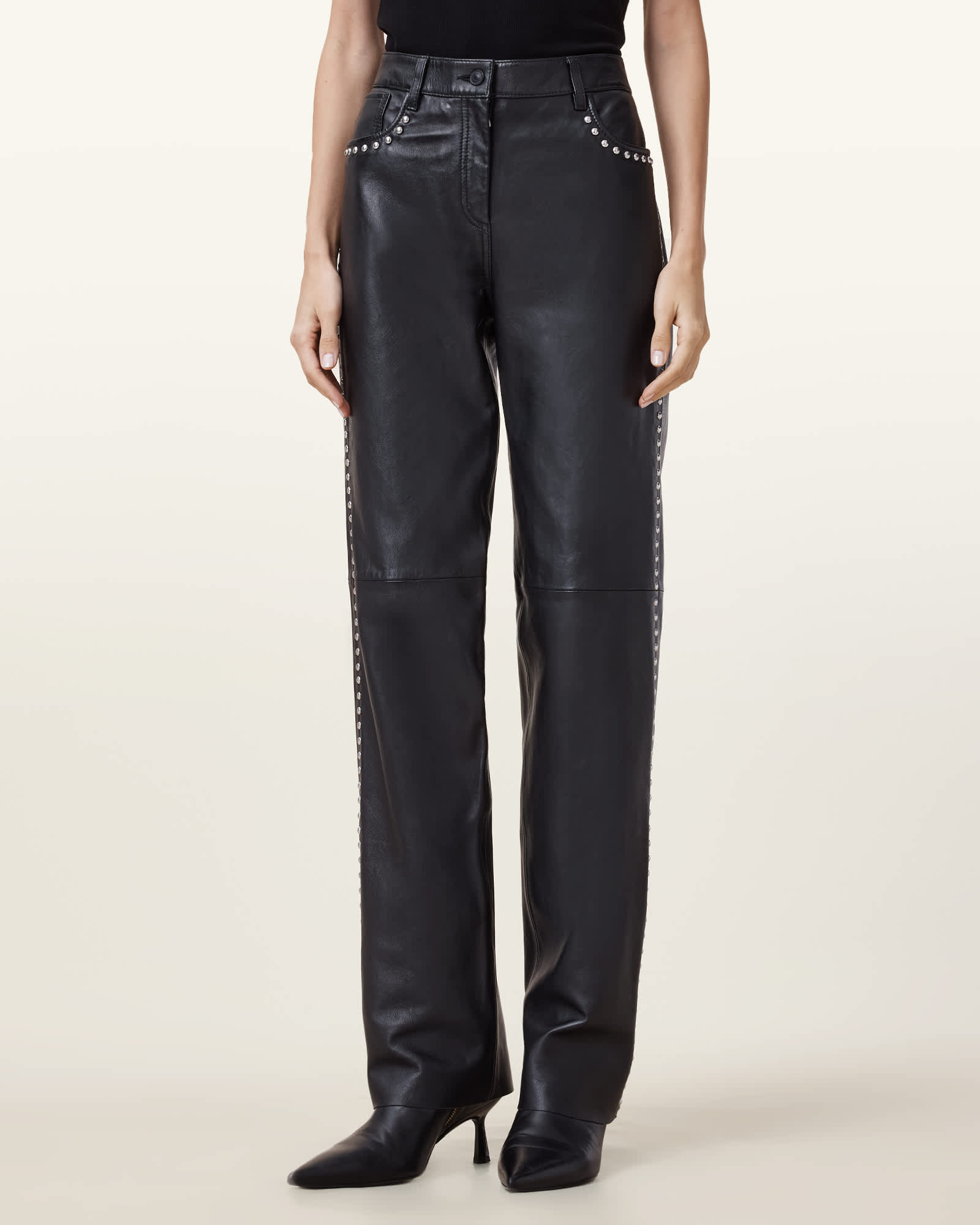 All Saints Saige Straight Leg Leather Trousers Black