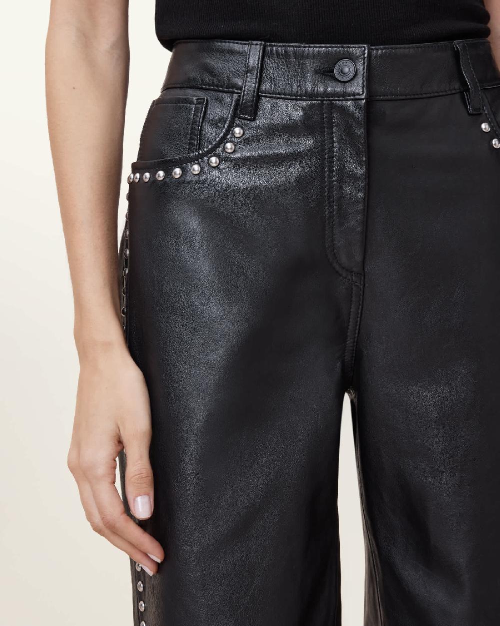 All Saints Saige Straight Leg Leather Trousers Black