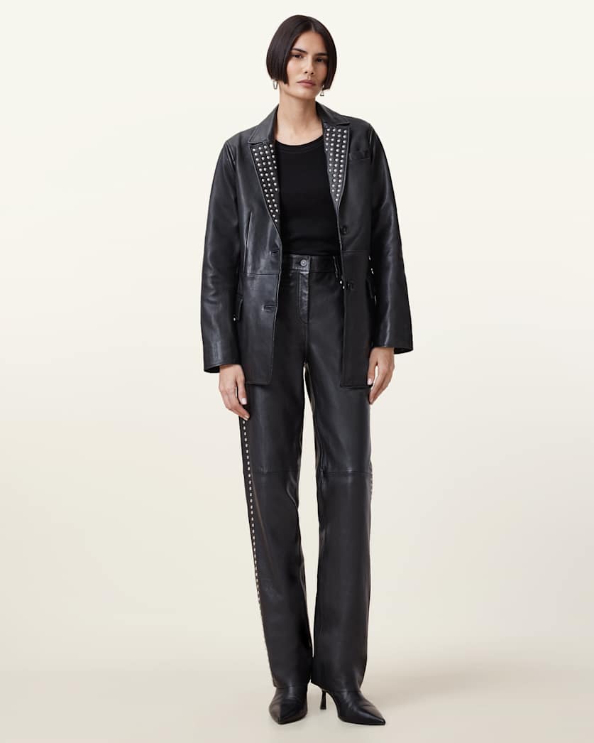 all saints Saige Straight Leg Leather Trousers Black