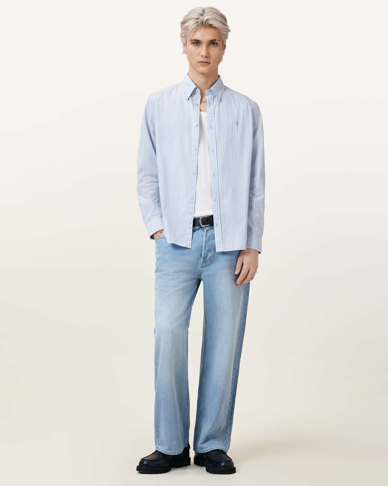 All Saints Saint Long Sleeve Ramskull Cotton Shirt Willow Blue