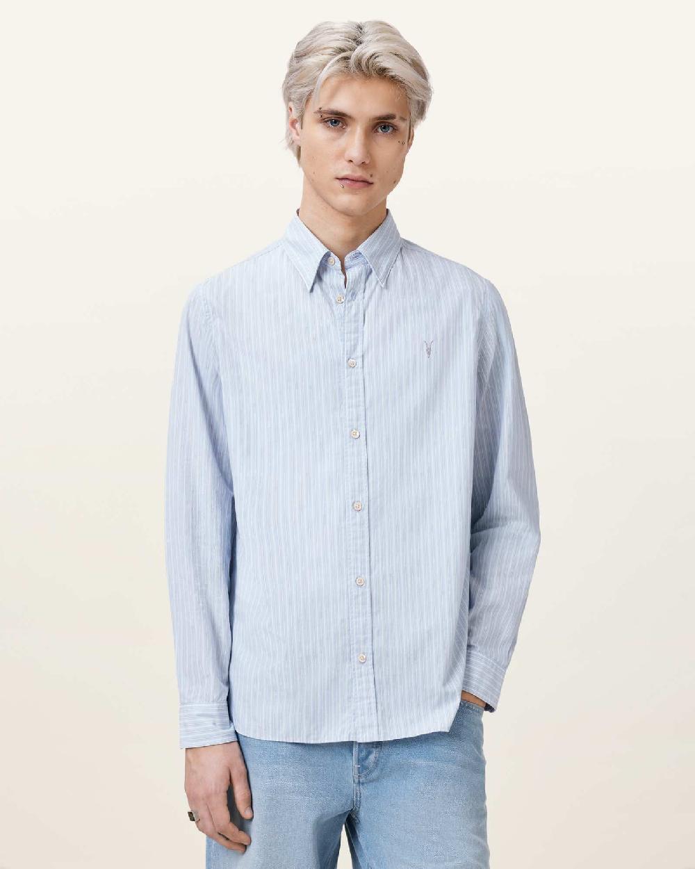 All Saints Saint Long Sleeve Ramskull Cotton Shirt Willow Blue