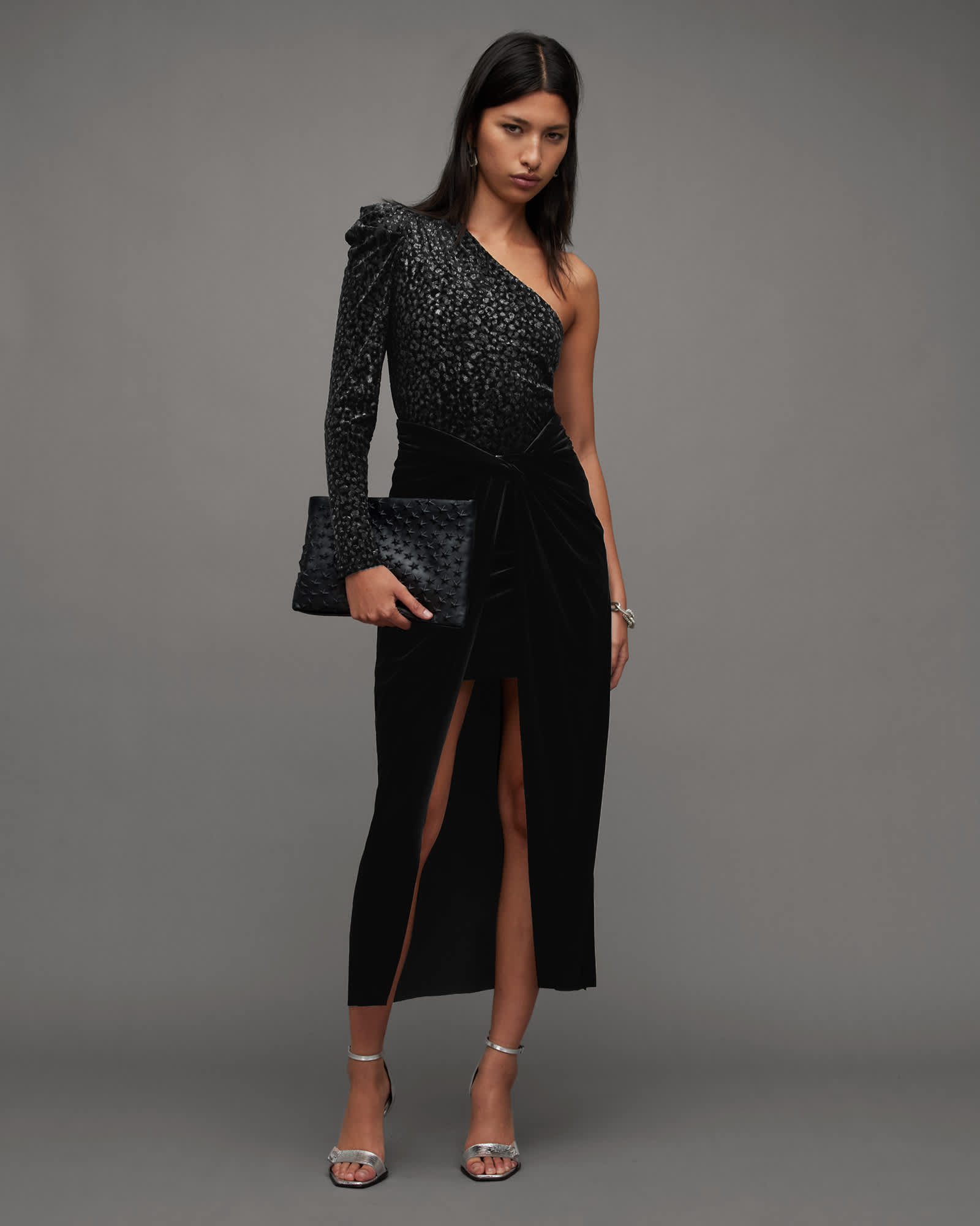 All Saints Sami Velvet Gathered Draped Midi Skirt Black