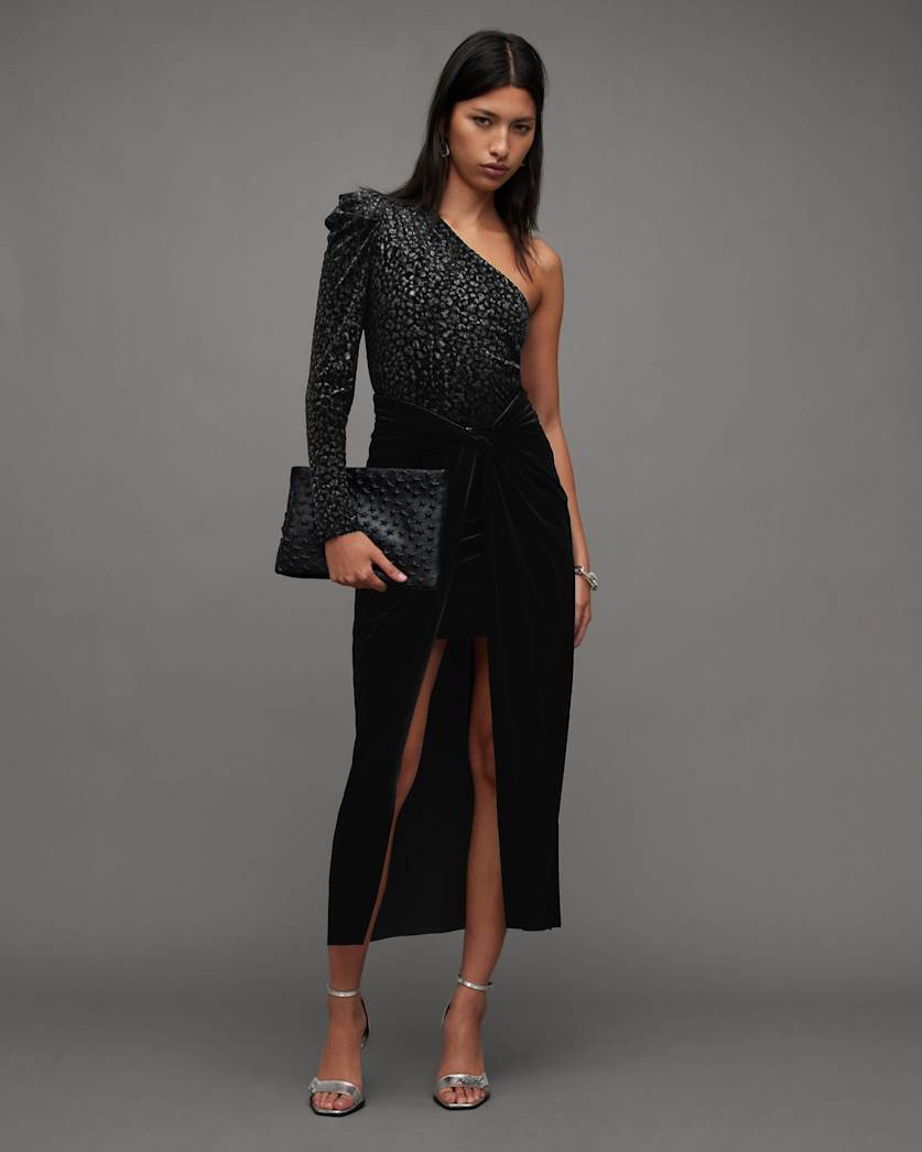 all saints Sami Velvet Gathered Draped Midi Skirt Black