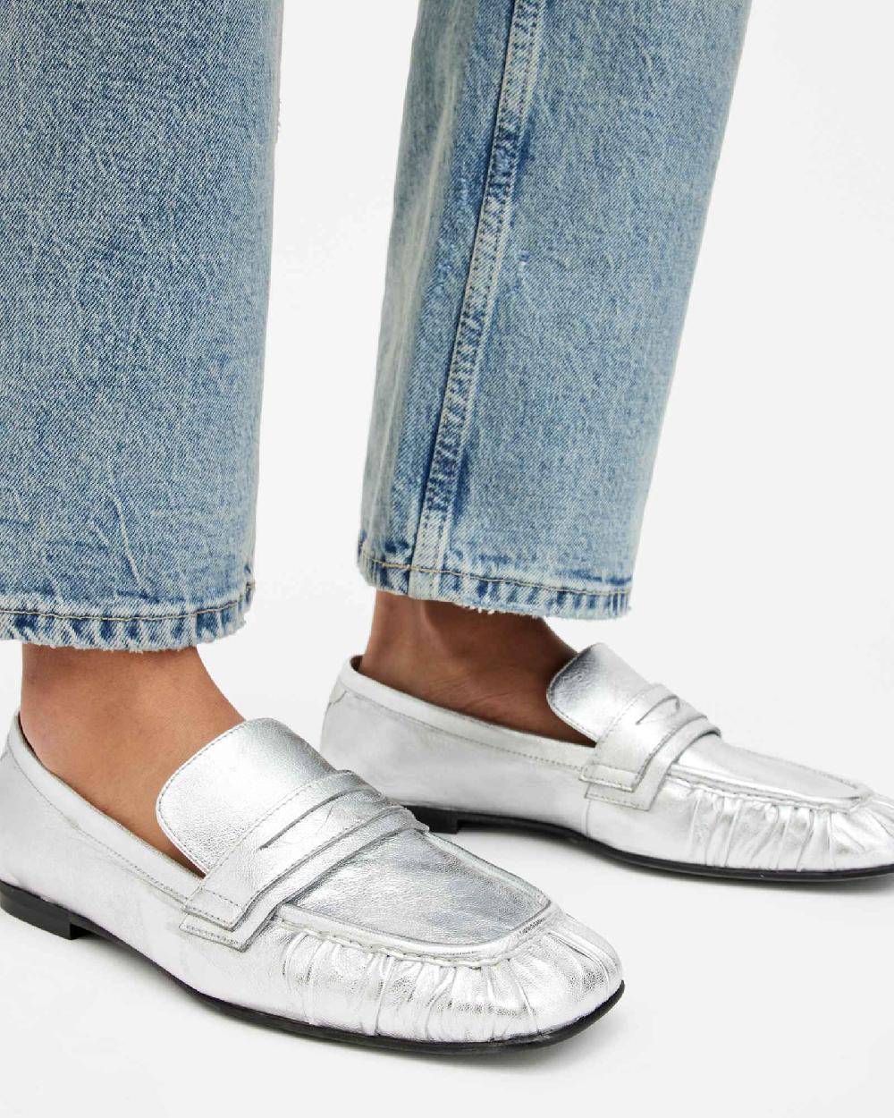 All Saints Sapphire Metallic Leather Loafer Shoes Metallic Silver