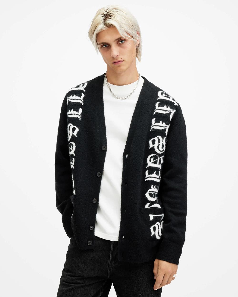 All Saints Scripture Gothic Jacquard Logo Cardigan Black
