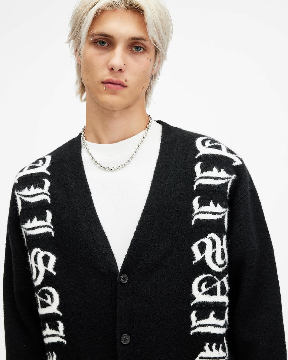 All Saints Scripture Gothic Jacquard Logo Cardigan Black