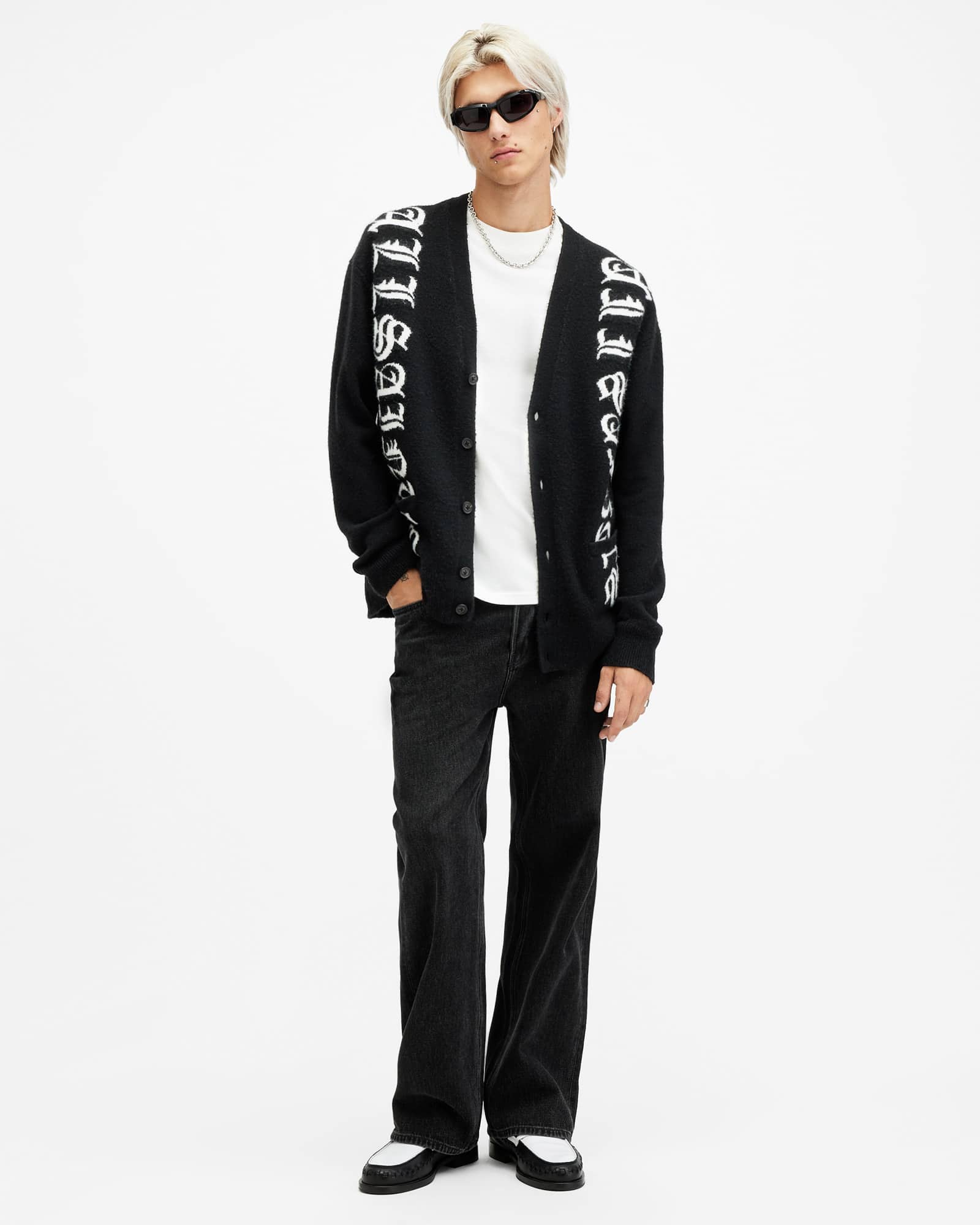 All Saints Scripture Gothic Jacquard Logo Cardigan Black