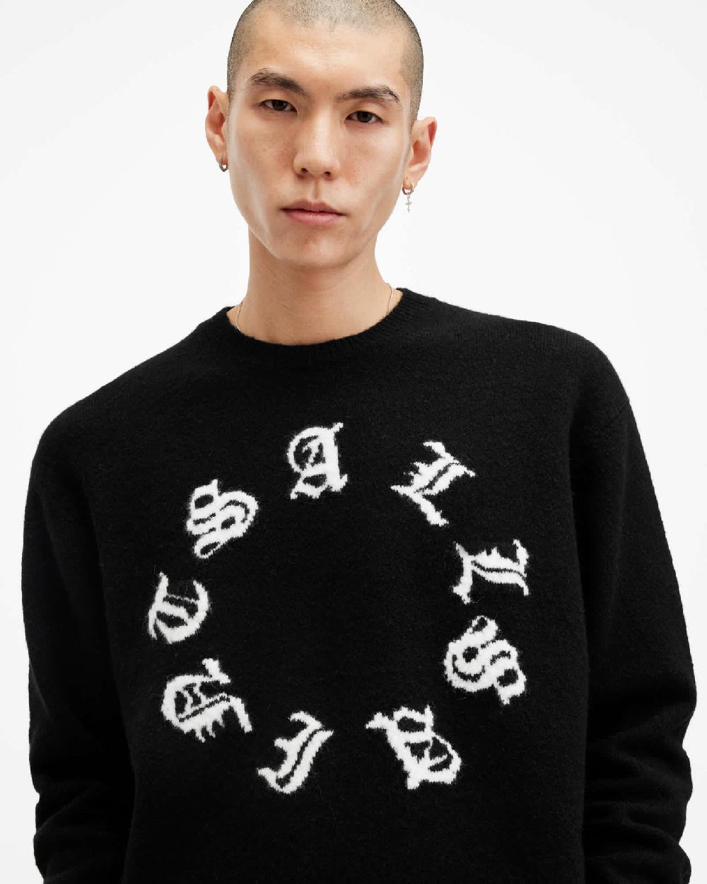 All Saints Scripture Gothic Jacquard Logo Sweater Black