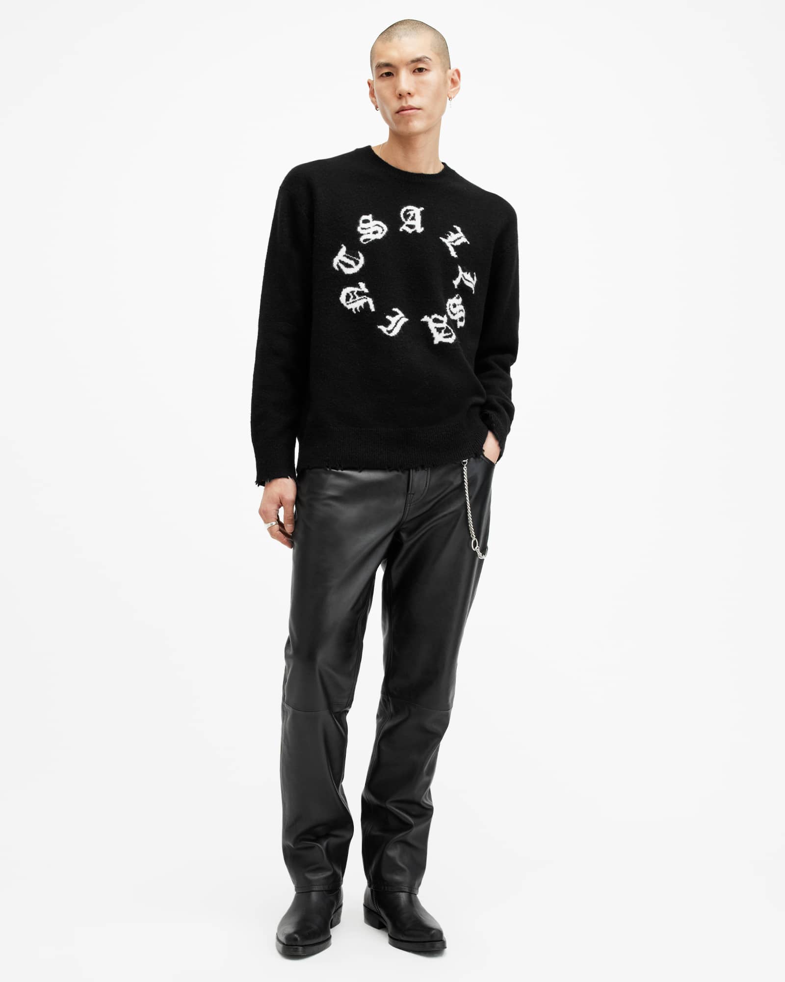 All Saints Scripture Gothic Jacquard Logo Sweater Black