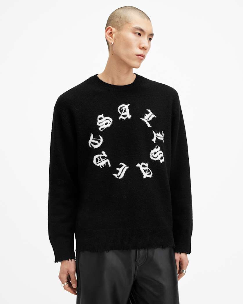 all saints Scripture Gothic Jacquard Logo Sweater Black