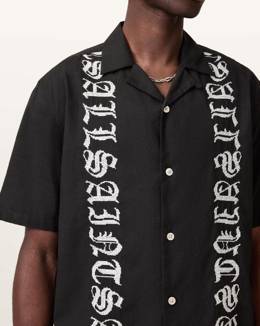 All Saints Scripture Short Sleeve Textured Shirt Faded Black