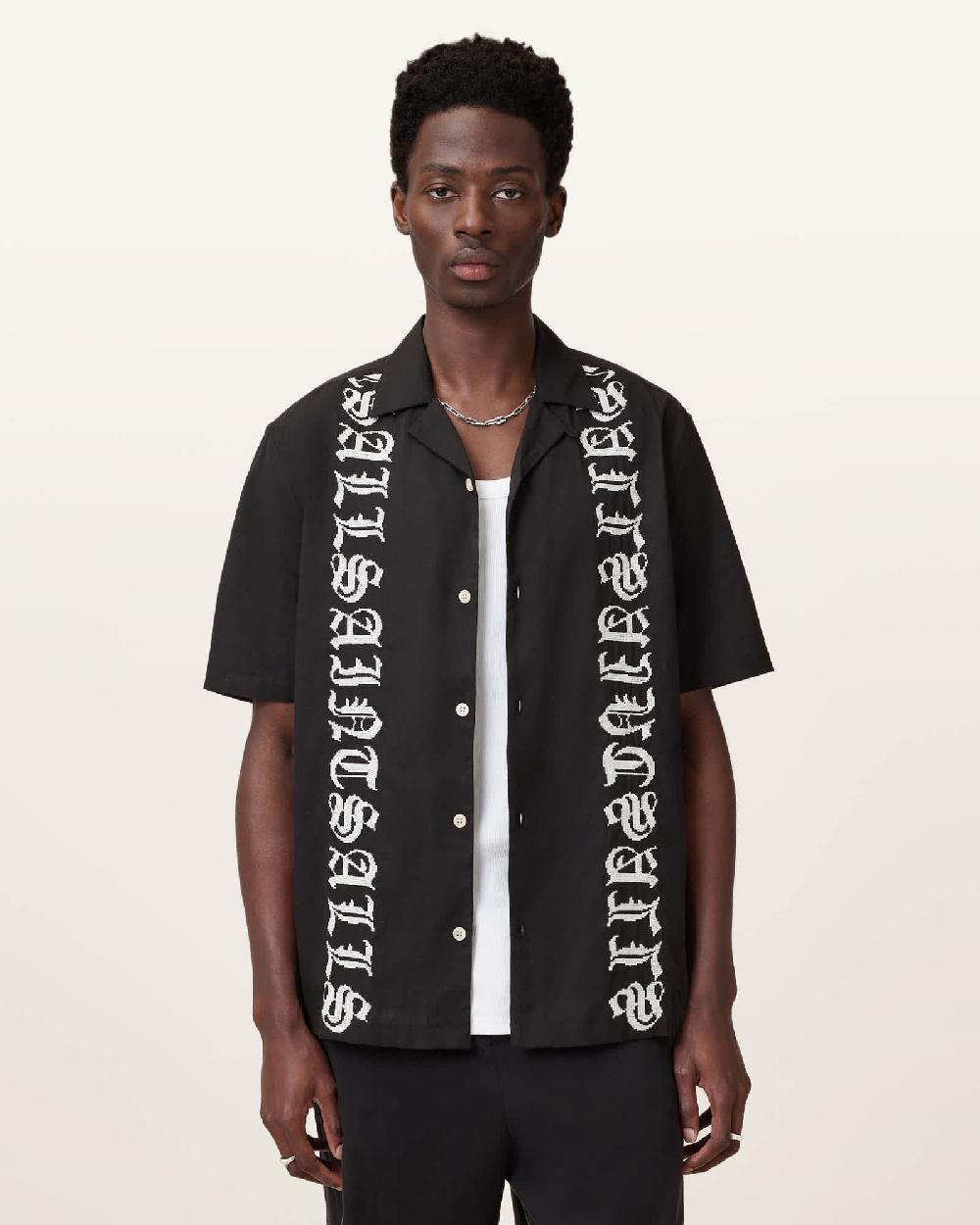 All Saints Scripture Short Sleeve Textured Shirt Faded Black