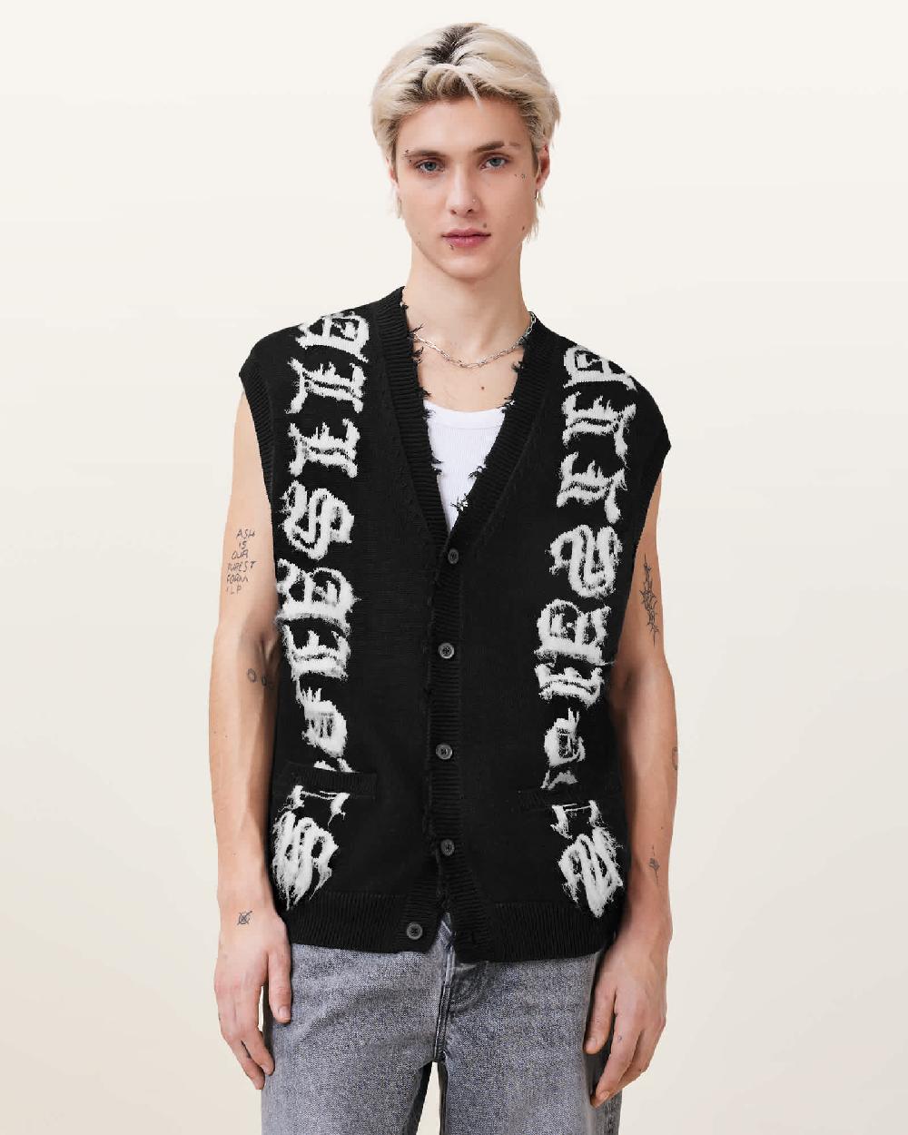 All Saints Scripture Sleeveless Knitted Tank Top BLACK/ECRU WHITE