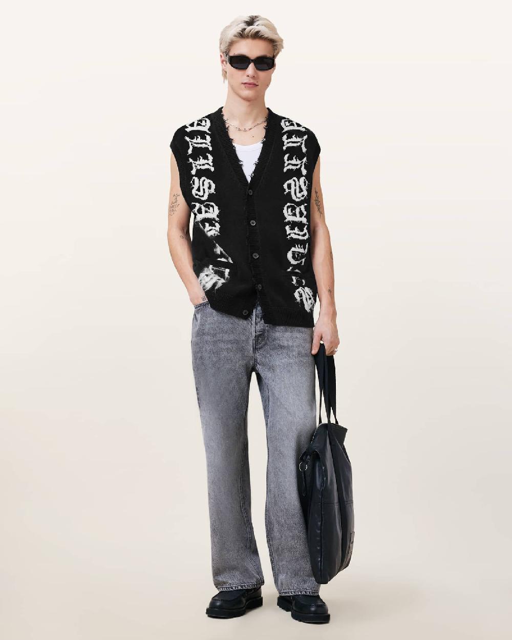 All Saints Scripture Sleeveless Knitted Tank Top BLACK/ECRU WHITE