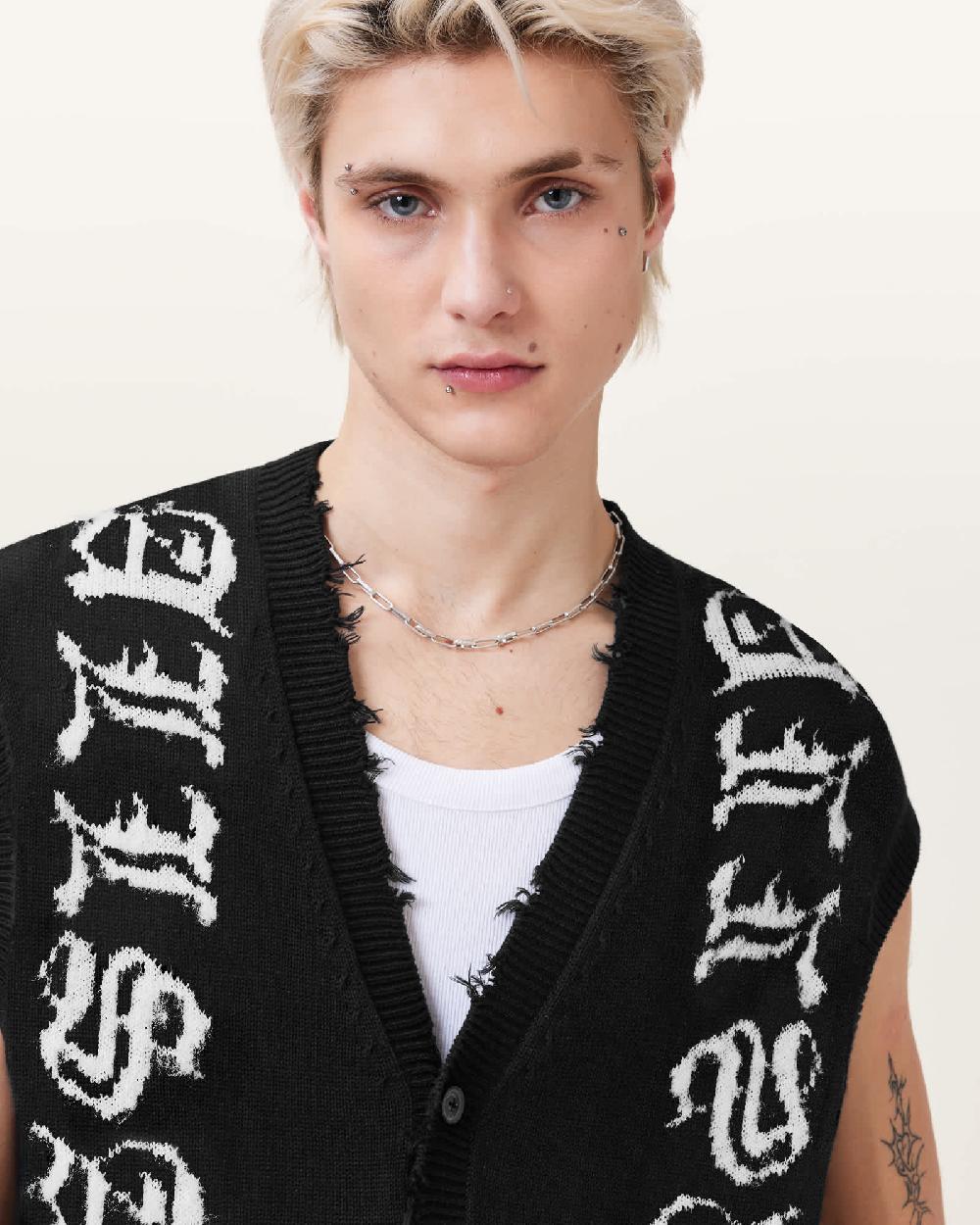 All Saints Scripture Sleeveless Knitted Tank Top BLACK/ECRU WHITE