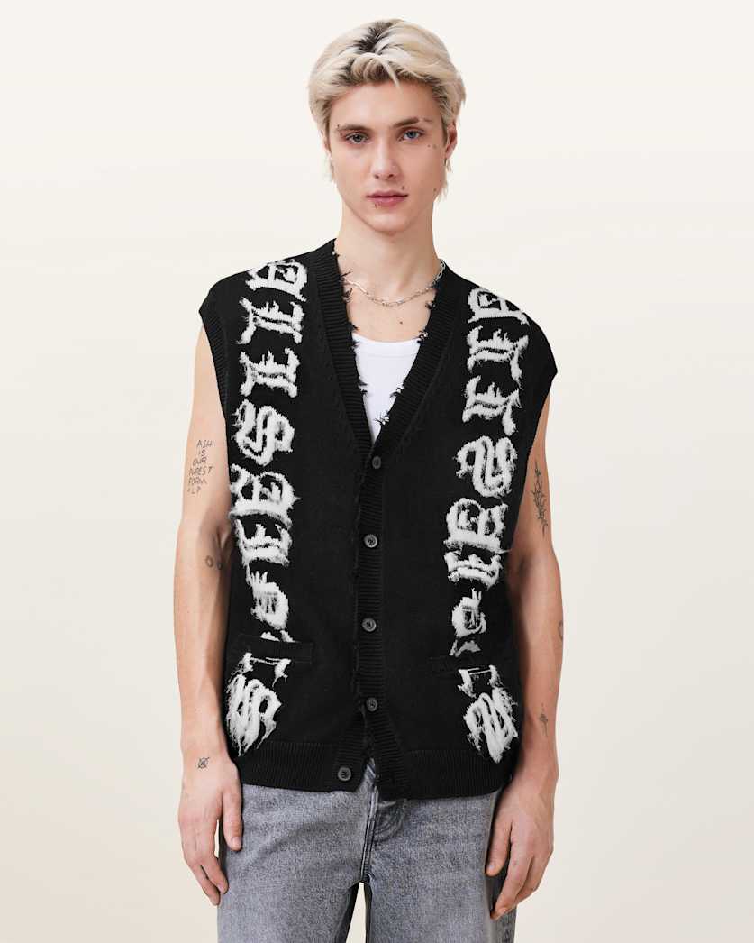 all saints Scripture Sleeveless Knitted Tank Top BLACK/ECRU WHITE