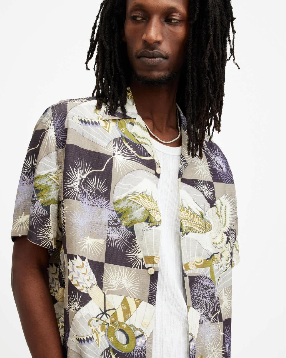 All Saints Sebastian Floral Print Relaxed Fit Shirt Milky Grey