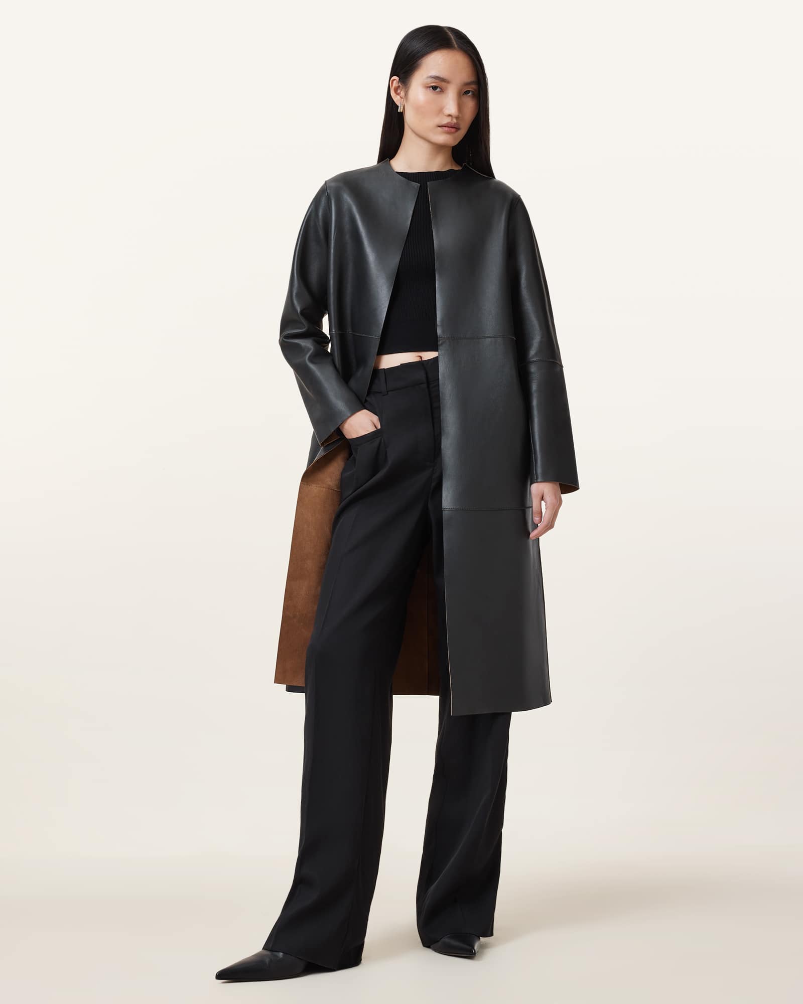 All Saints Selby 2-In-1 Reversible Suede Mac Coat Brown/Black