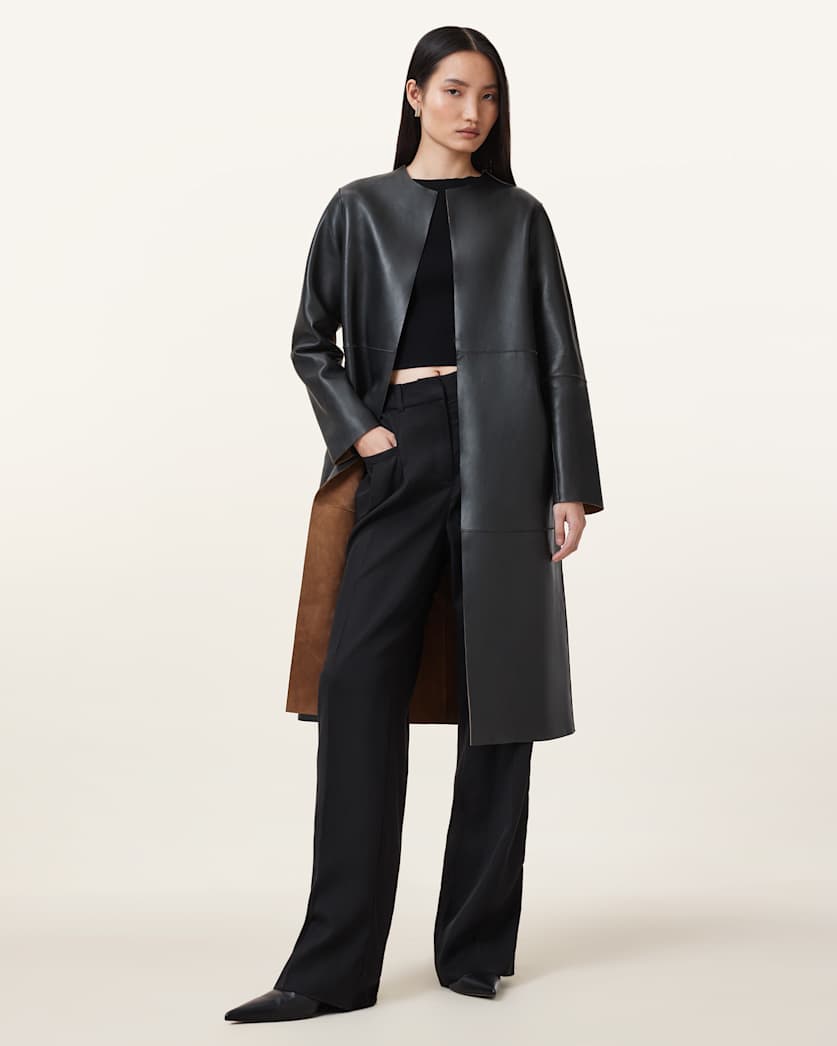 all saints Selby 2-In-1 Reversible Suede Mac Coat Brown/Black