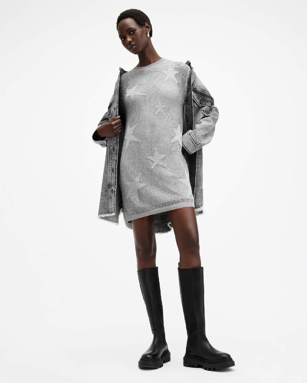 All Saints Seraph Open Stitch Mini Dress Silver Birch Grey