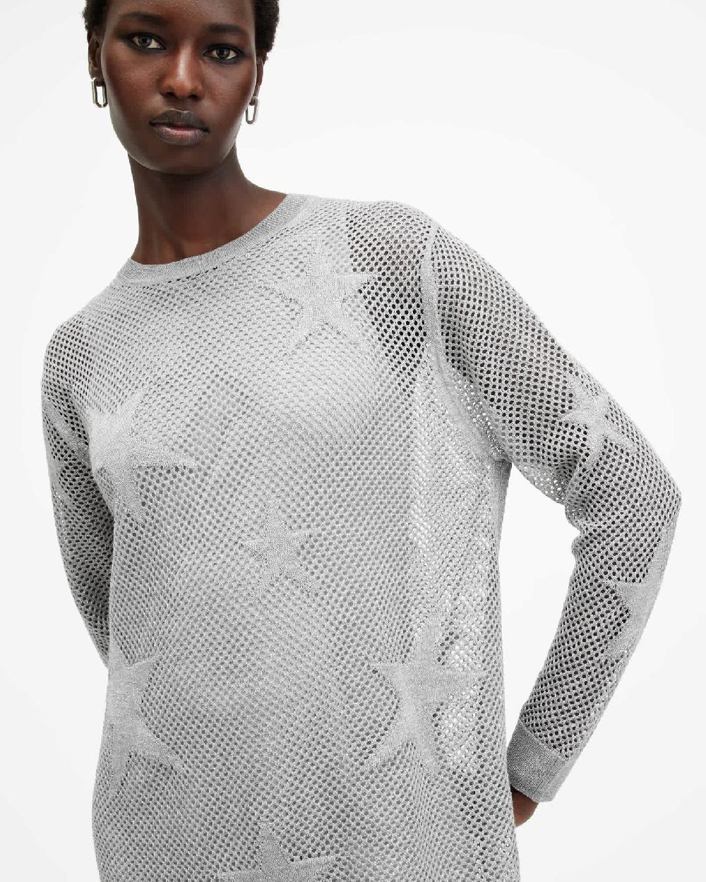 All Saints Seraph Open Stitch Mini Dress Silver Birch Grey